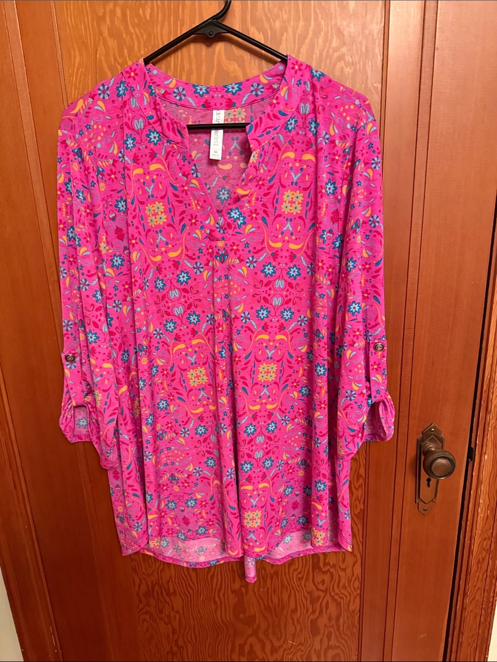 Bright Pink Floral-Geometric V-Neck Roll-Tab Tunic